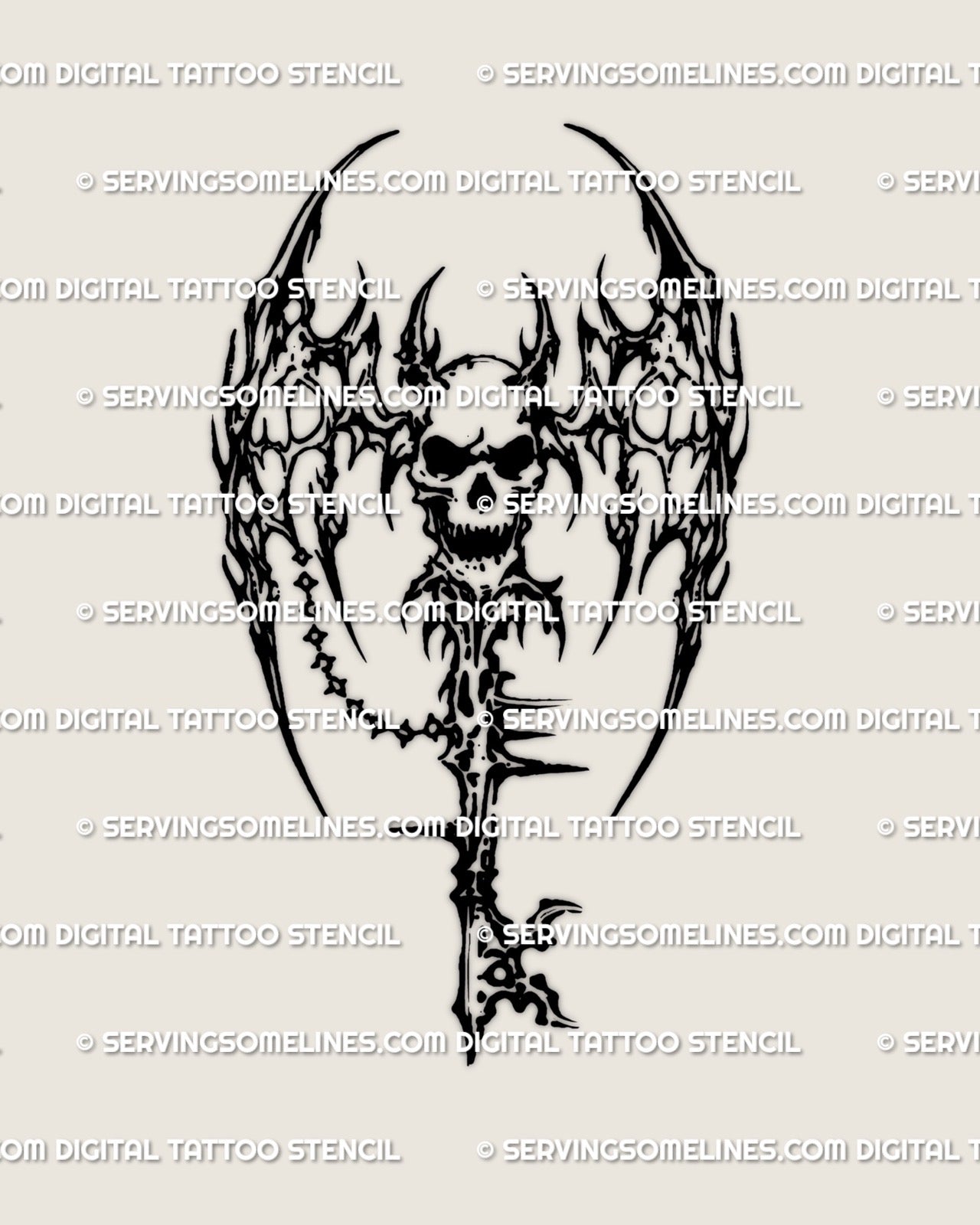 Horned winged skull key tattoo stencil design, cybersigilism angles, chain charm, controlled negative space, readable on skin.