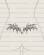 Horror wing tramp stamp tattoo stencil displayed on low waist placement with torn demon wing detail and sharp gothic edges
