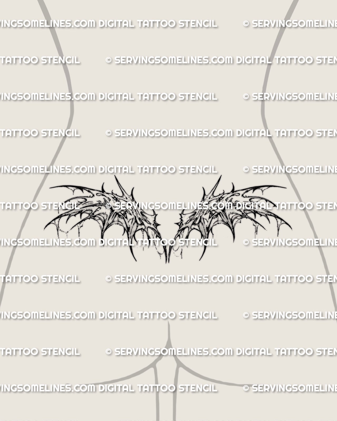 Horror wing tramp stamp tattoo stencil displayed on low waist placement with torn demon wing detail and sharp gothic edges