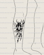 Lower leg mockup showing dark fairy tattoo stencil, gothic horrorcore and witchy fantasy linework for feminine dark tattoo idea 