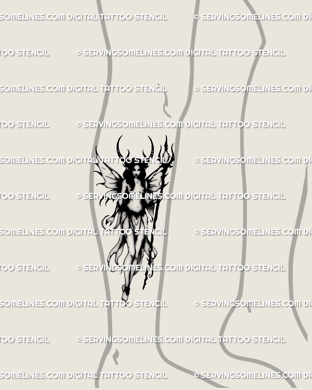 Lower leg mockup showing dark fairy tattoo stencil, gothic horrorcore and witchy fantasy linework for feminine dark tattoo idea 