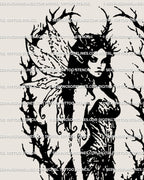 Close-up of horrorcore gothic tattoo art, fairy face framed by thorns with horns and wings, elegant blackwork occult fantasy tattoo detail.