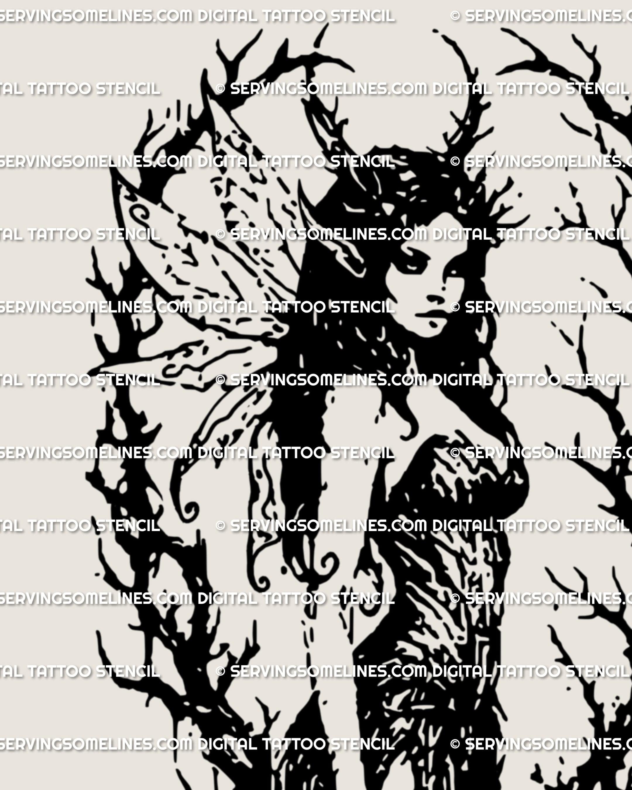 Close-up of horrorcore gothic tattoo art, fairy face framed by thorns with horns and wings, elegant blackwork occult fantasy tattoo detail.