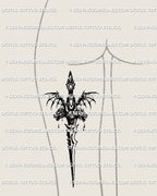 Hydra dagger tattoo stencil shown on back of womens thigh placement, vertical fantasy dagger with hydra crest