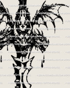 Close-up of hydra dagger tattoo stencil linework, three dragon heads, torn wings, jagged blade details