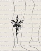 Hydra dagger tattoo stencil displayed on lower leg placement, long spiked dagger with hydra heads and wings