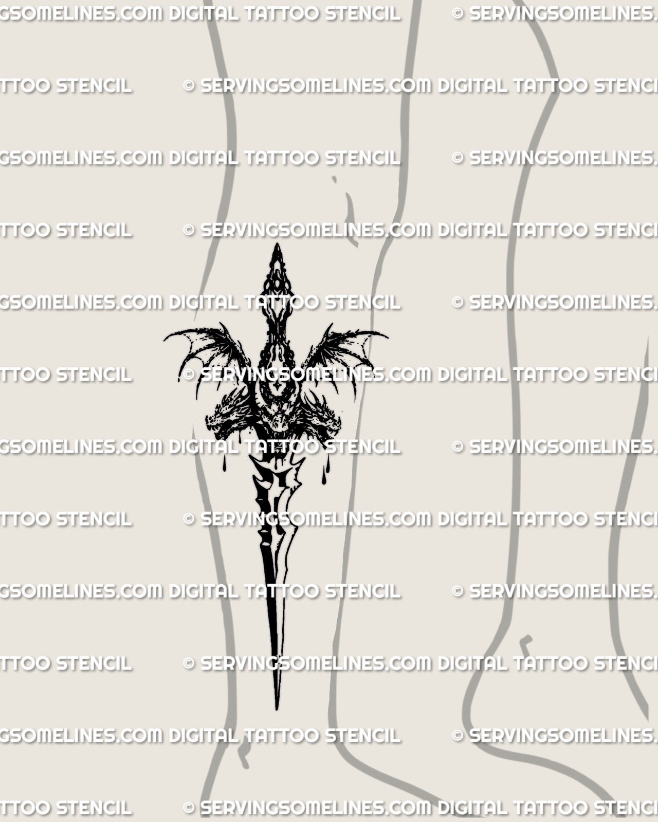 Hydra dagger tattoo stencil displayed on lower leg placement, long spiked dagger with hydra heads and wings