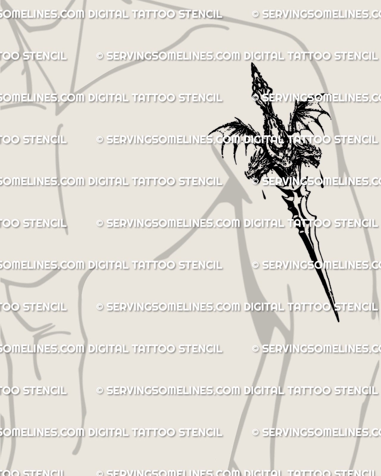 Hydra dagger tattoo stencil displayed on mens arm placement, three headed dragon dagger silhouette, clean spacing