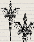 Hydra dagger tattoo stencil design, three headed dragon with wings and spiked dagger, digital preview