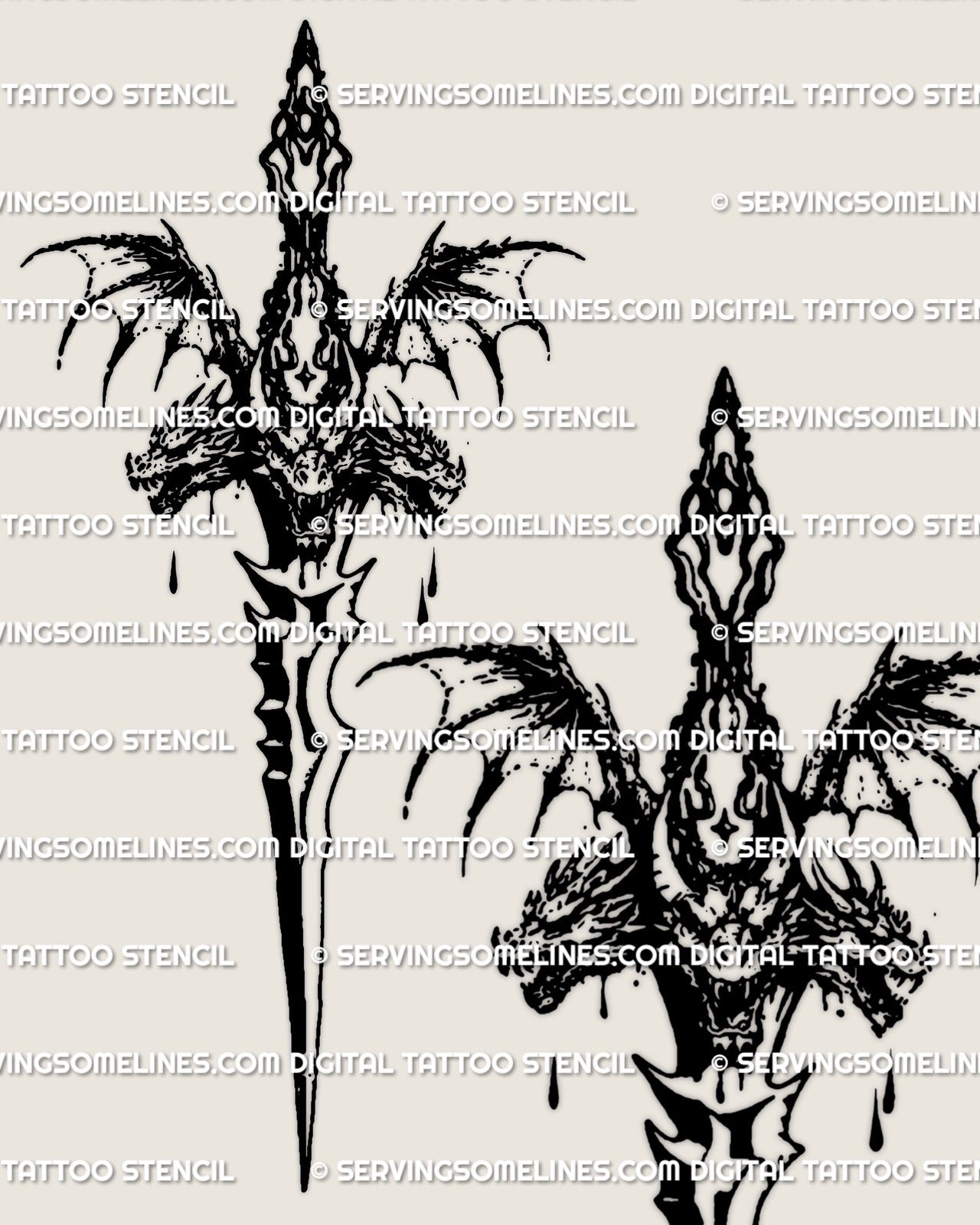 Hydra dagger tattoo stencil design, three headed dragon with wings and spiked dagger, digital preview