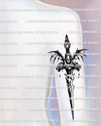 Hydra dagger tattoo stencil shown on upper back of arm placement, fantasy dragon dagger with three heads