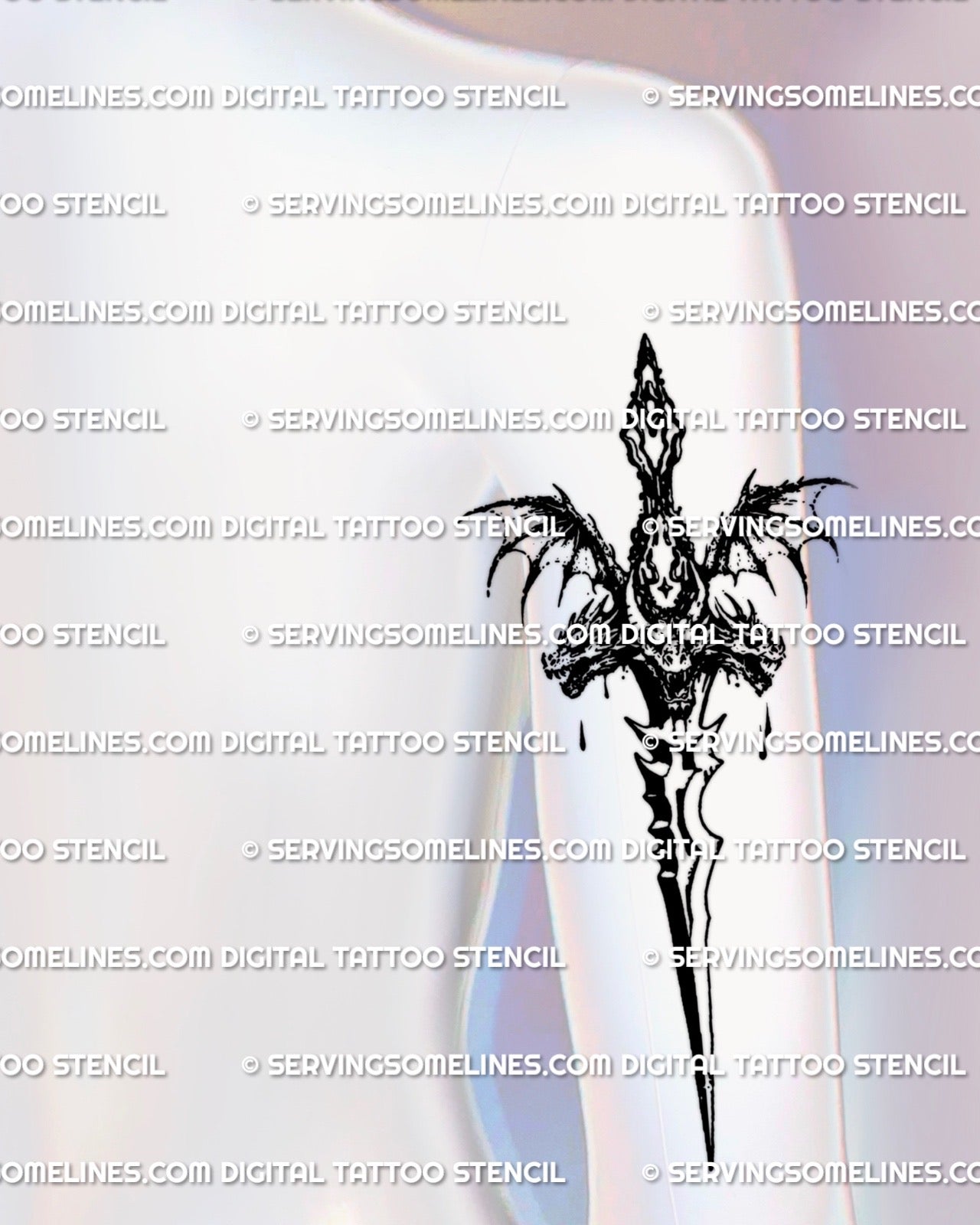 Hydra dagger tattoo stencil shown on upper back of arm placement, fantasy dragon dagger with three heads
