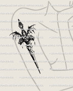 Hydra dagger tattoo stencil shown on womens arm placement, fantasy dagger with hydra heads and wing spread