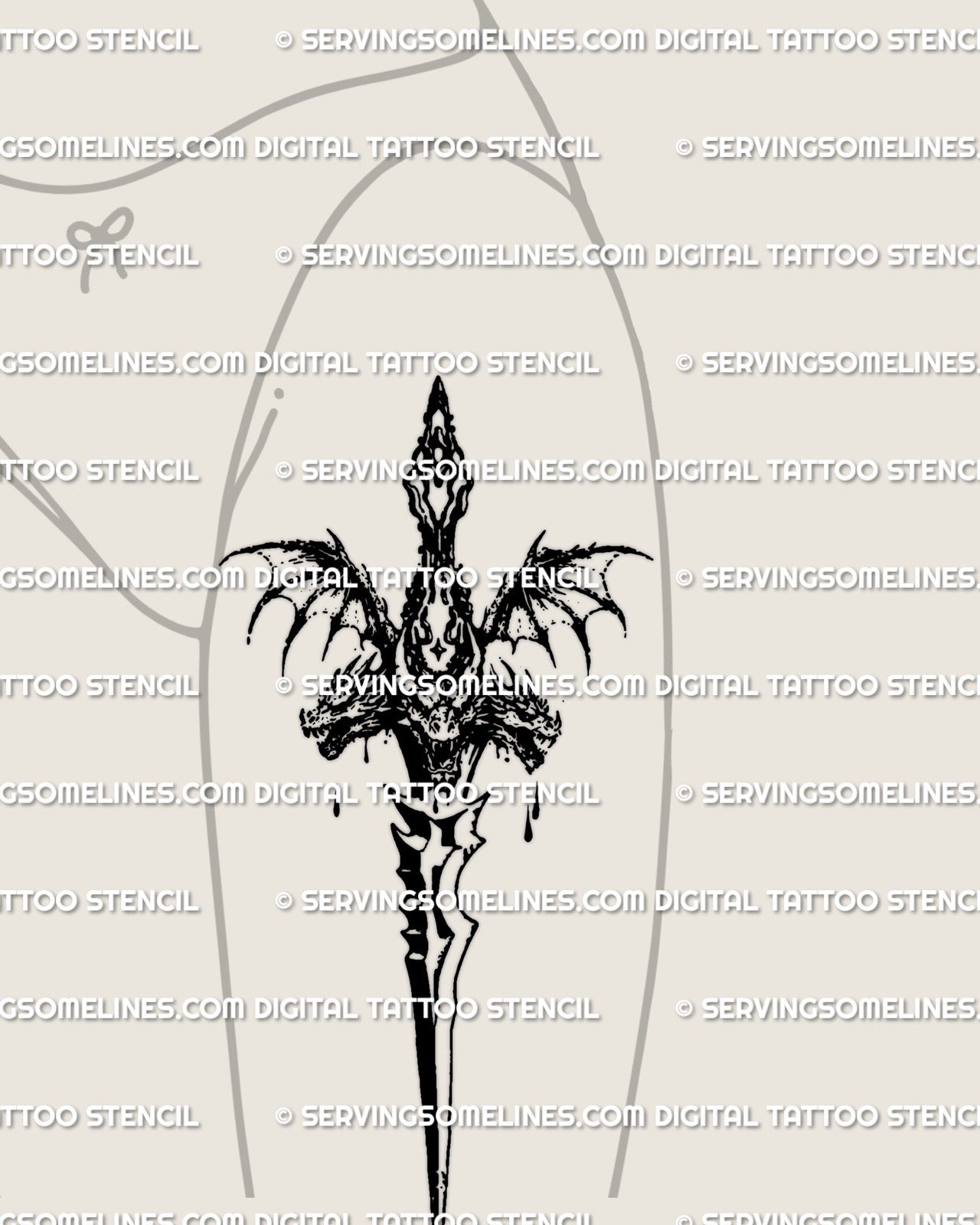 Hydra dagger tattoo stencil shown on womens thigh front placement, spiked dagger with hydra heads and wings