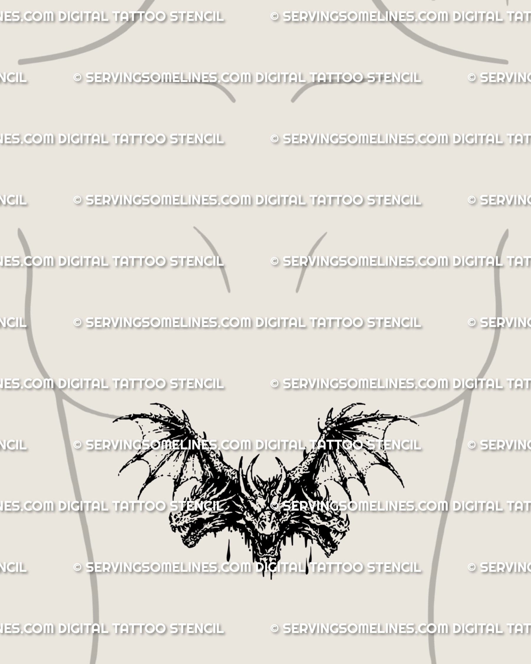 Hydra myth tattoo meaning piece, three headed dragon design with black wings flowing as gothic fantasy tattoo stencil.