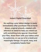 Digital stencil information picture showing two stylized white sword tattoo designs over a pink and cream backdrop, labeled instant download and customizable original hand-drawn art.