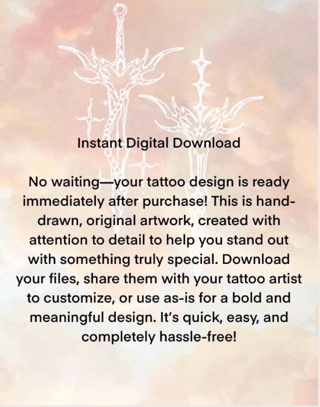 Digital stencil information picture showing two stylized white sword tattoo designs over a pink and cream backdrop, labeled instant download and customizable original hand-drawn art.