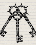 Interlocking keys tattoo detail view, triple key tattoo with barbed rings, sharp edges, and high contrast linework.