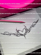 iPad preview of digital tattoo stencil, feminine cybersigilism heart wings design drawn in fine line ornamental neotribal art style.