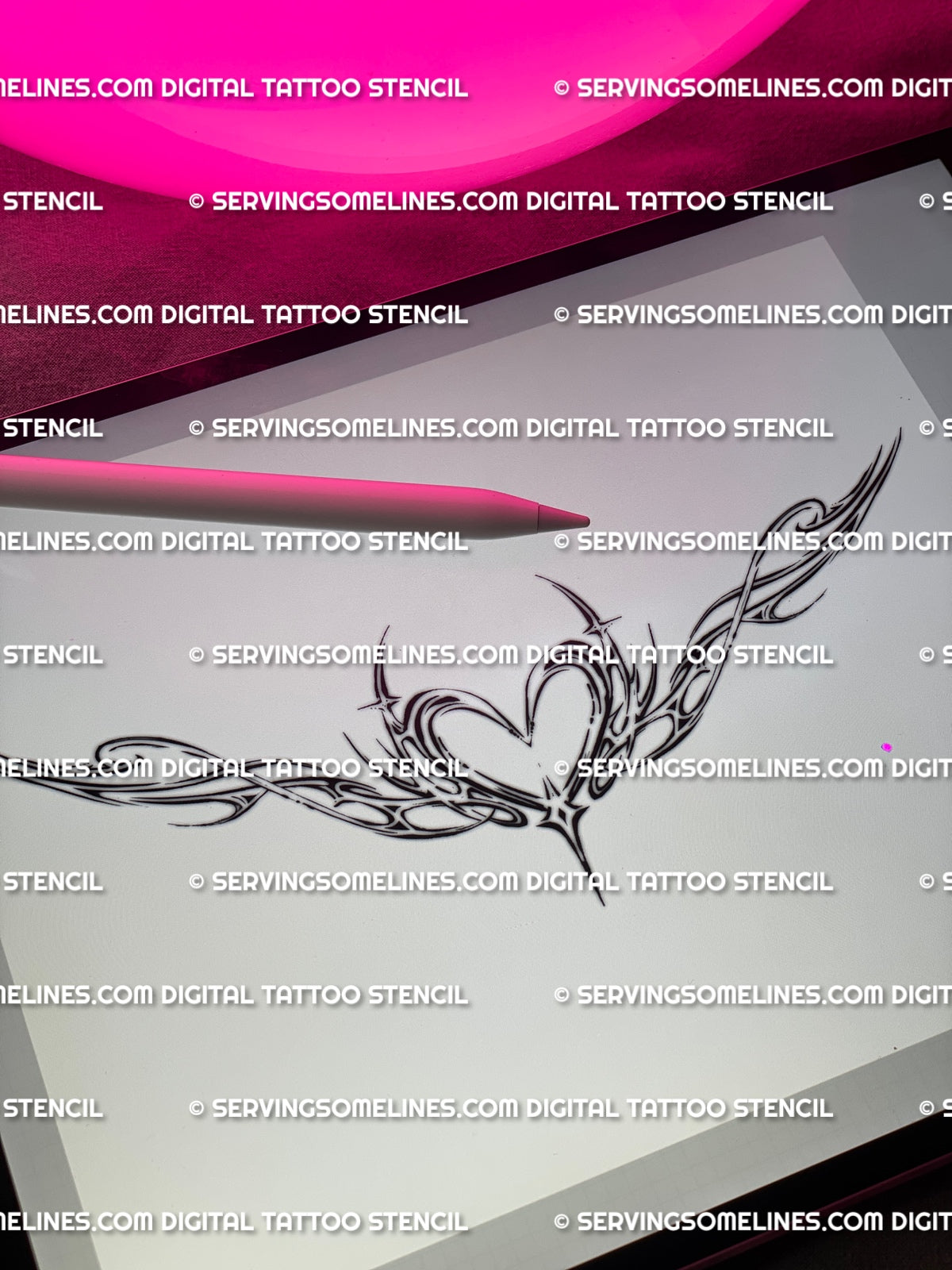 iPad preview of digital tattoo stencil, feminine cybersigilism heart wings design drawn in fine line ornamental neotribal art style.