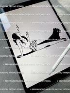 Digital iPad preview showing girl smoking tattoo stencil, elegant feminine panther and woman tattoo design in gothic minimalist style.