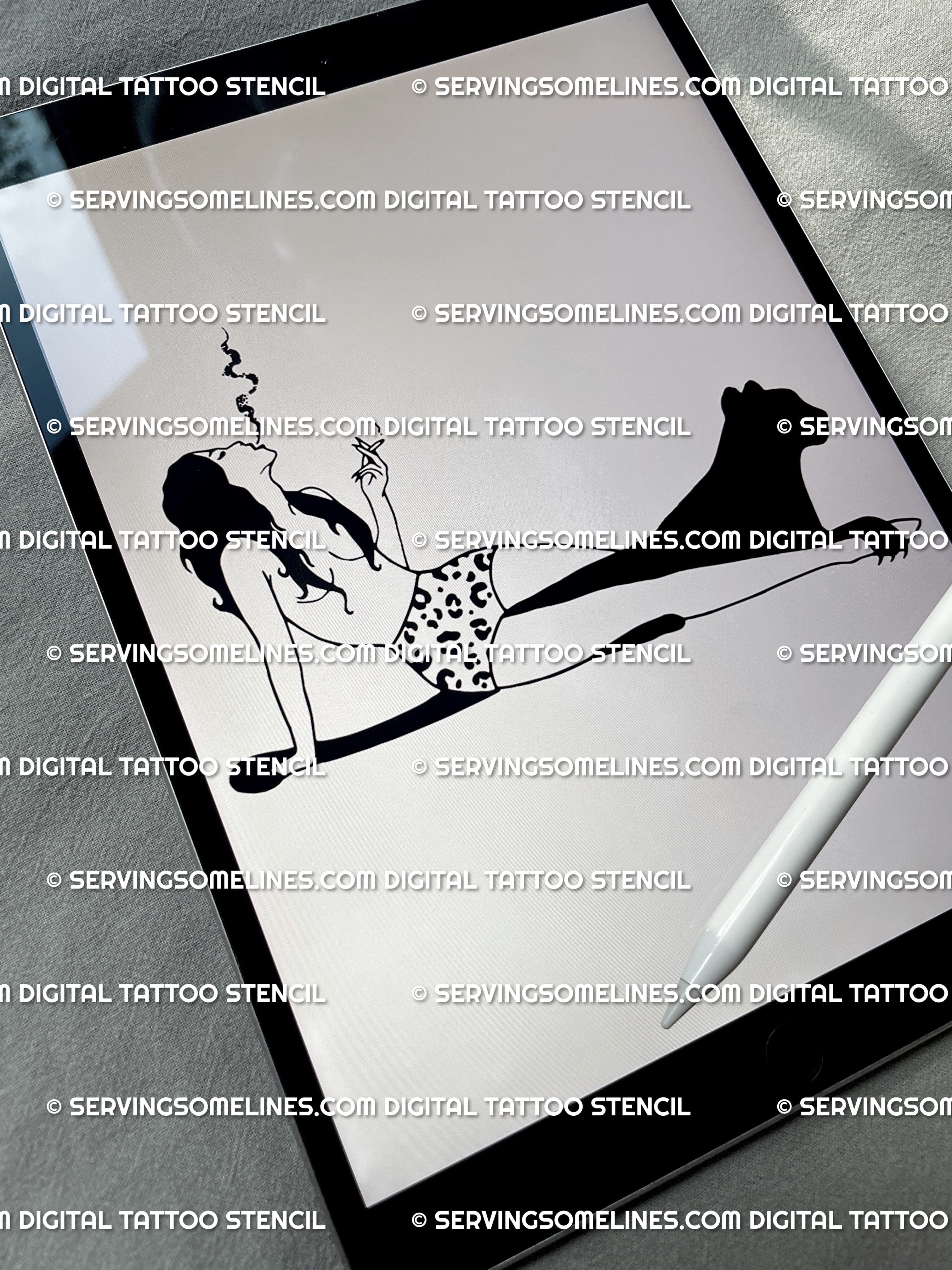 Digital iPad preview showing girl smoking tattoo stencil, elegant feminine panther and woman tattoo design in gothic minimalist style.