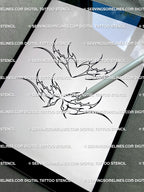 iPad preview of matching cyber tribal tattoo stencils, showcasing the neotribal heart and butterfly cybersigilism tattoo design.