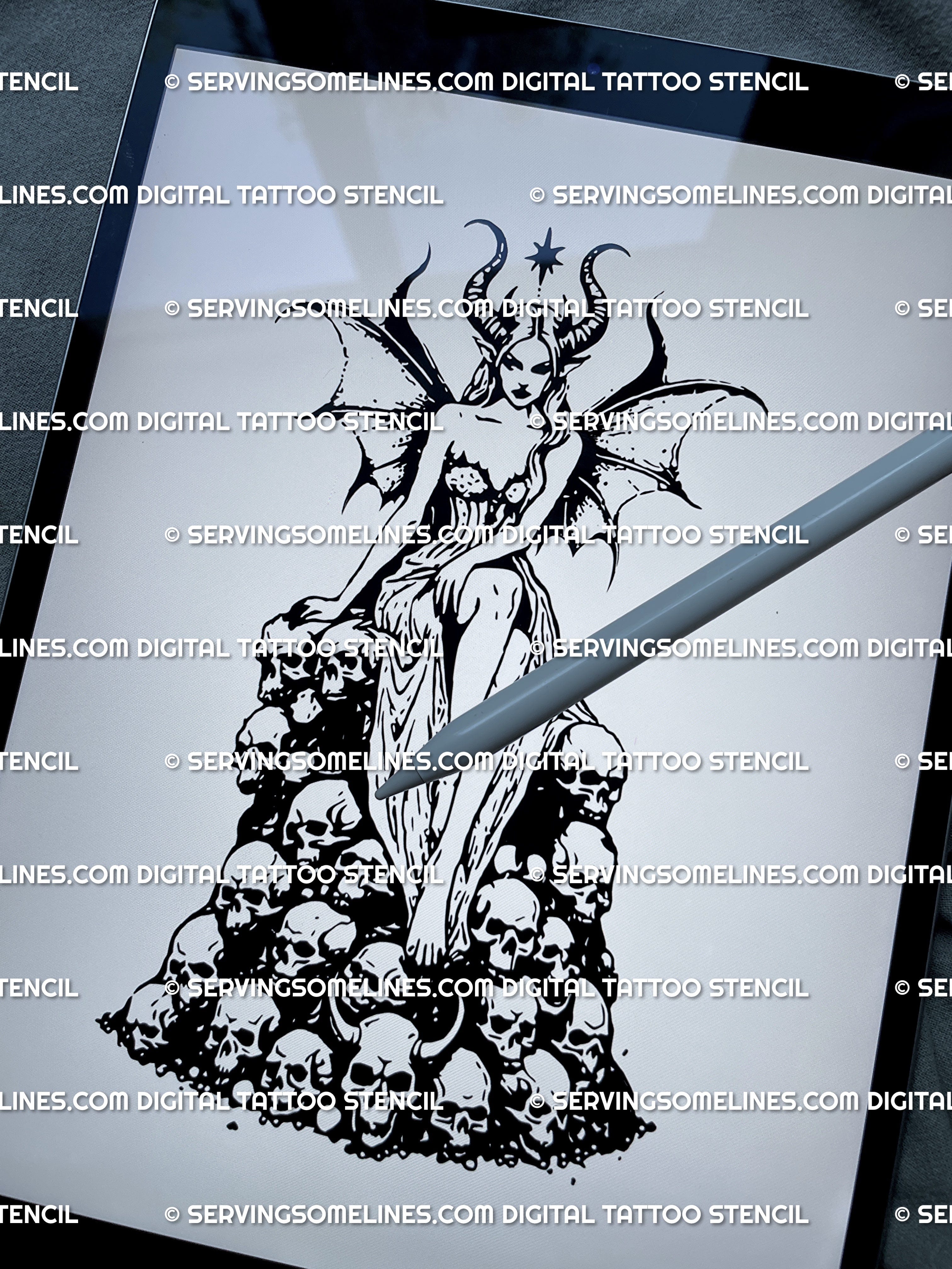 Demon girl gothic tattoo design displayed on iPad, witchy bat wings and skull throne, printable dark fantasy tattoo stencil download.