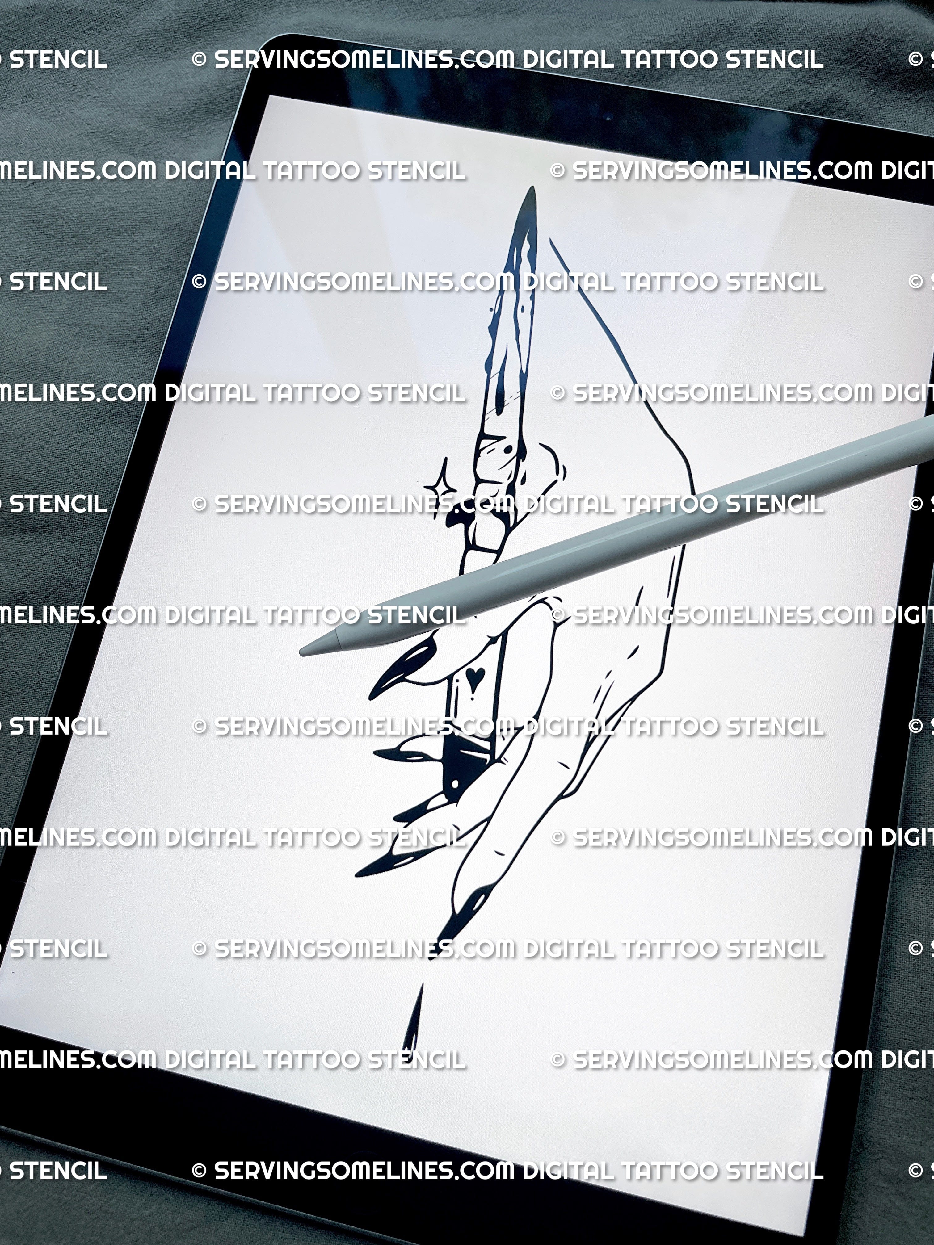 Digital preview of feminine knife tattoo stencil, line art dagger tattoo art ready for download, bold horror flash in linework style.