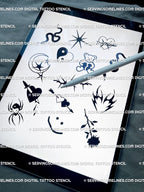 iPad preview of small goth emo tattoo flash sheet featuring punk filler tattoo designs and Y2K blackwork icons ready to print.