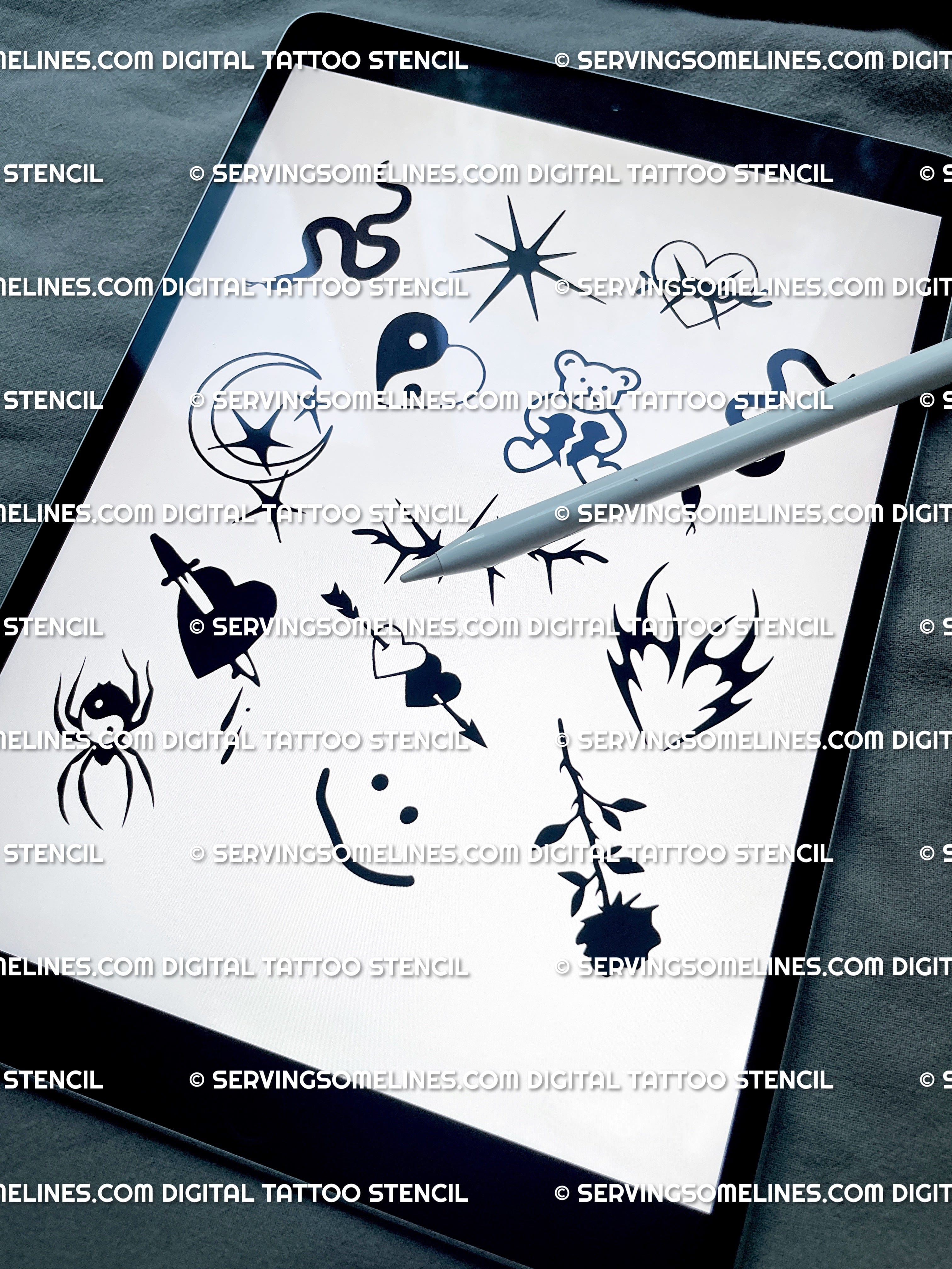 iPad preview of small goth emo tattoo flash sheet featuring punk filler tattoo designs and Y2K blackwork icons ready to print.