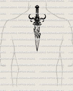 Jagged dagger tattoo stencil download on mens upper back center placement example, centered vertical design for clean sizing and transfer.