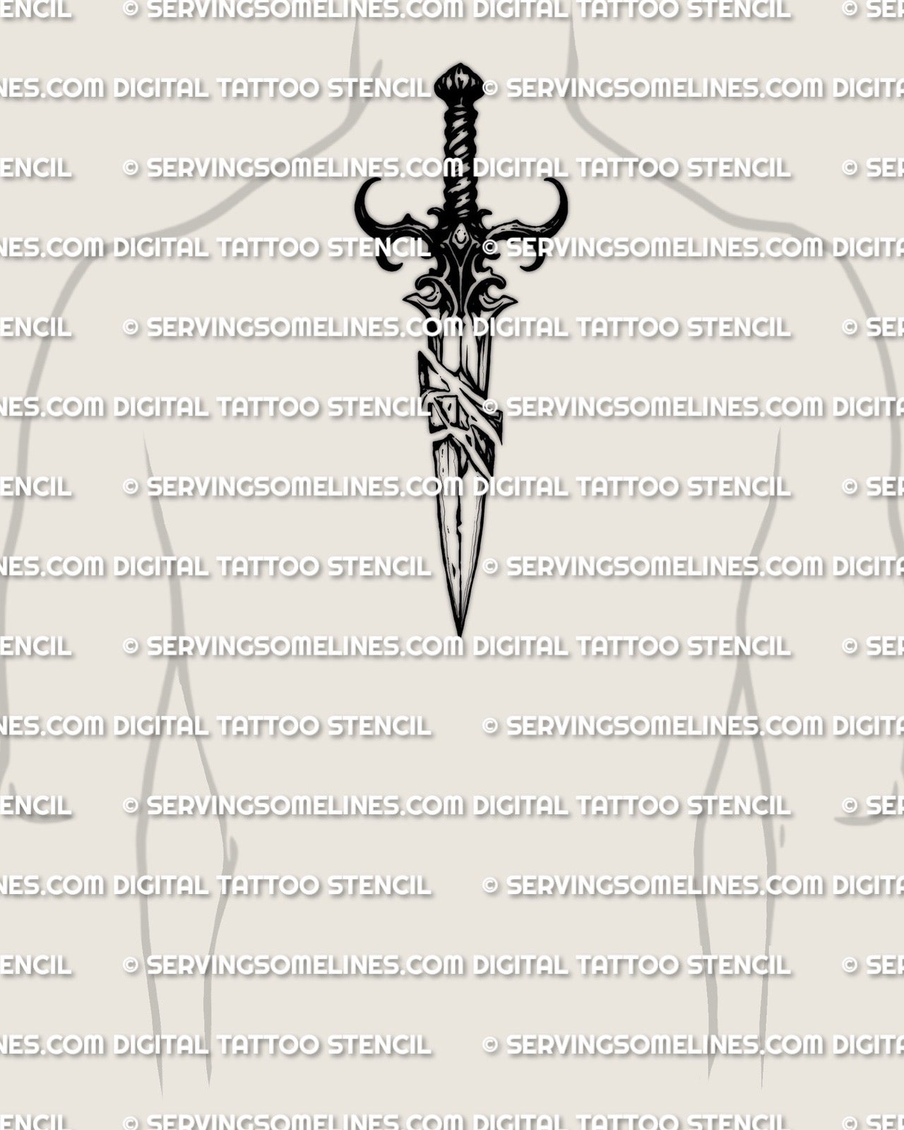 Jagged dagger tattoo stencil download on mens upper back center placement example, centered vertical design for clean sizing and transfer.