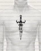 Jagged dagger tattoo stencil download on mens chest center placement example, vertical layout for sizing, printable PDF plus PNG.