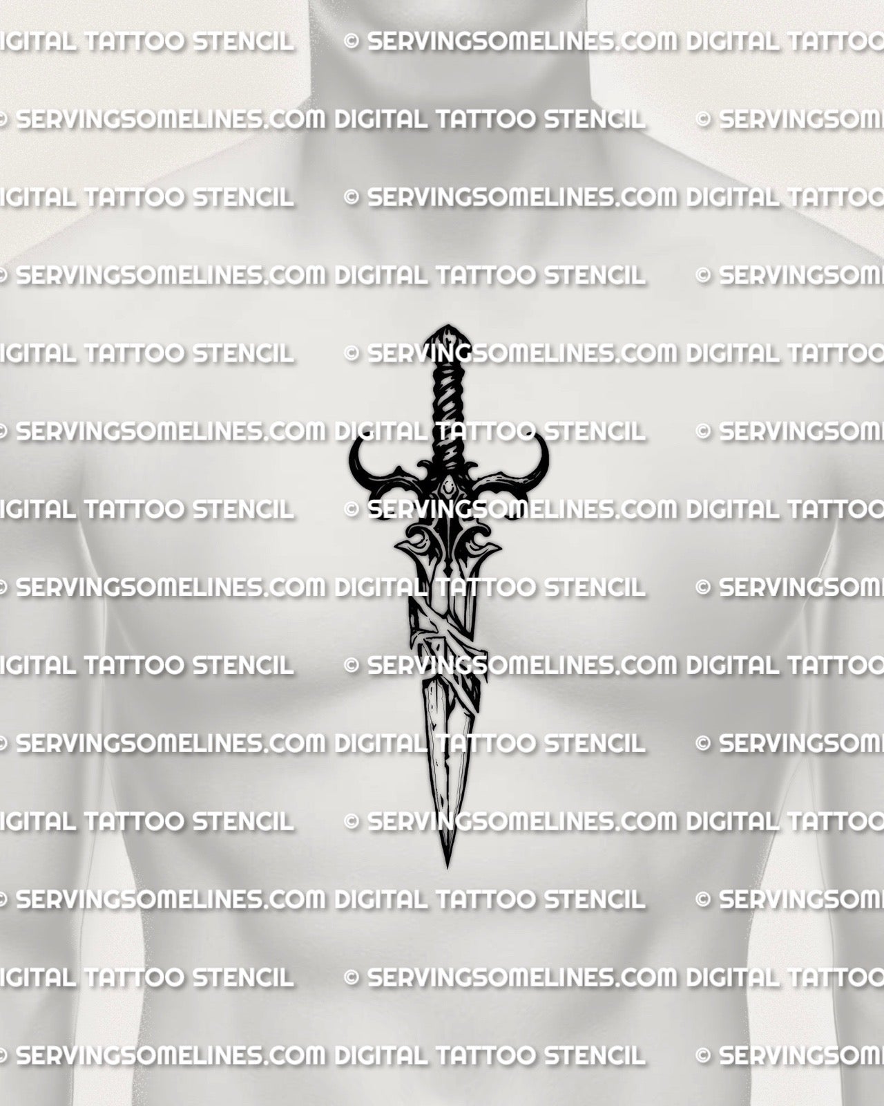 Jagged dagger tattoo stencil download on mens chest center placement example, vertical layout for sizing, printable PDF plus PNG.