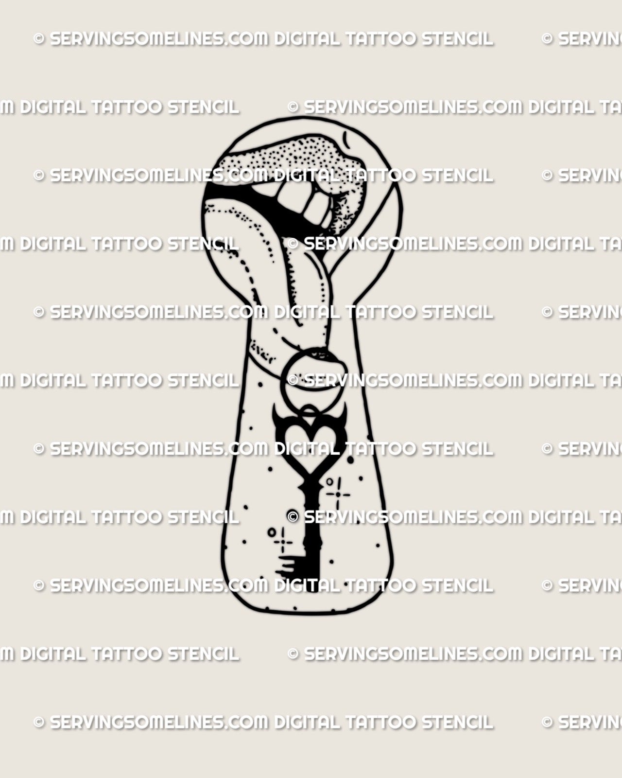 Digital stencil preview of a keyhole heart key design with lips and tongue in clean linework shown as tattoo concept for wide use areas