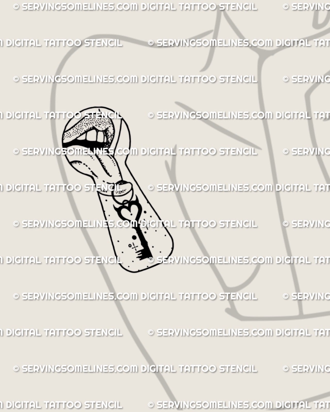Keyhole heart key tattoo design shown on a woman’s arm as a digital stencil preview with lips and tongue details in fine linework for a clean modern look