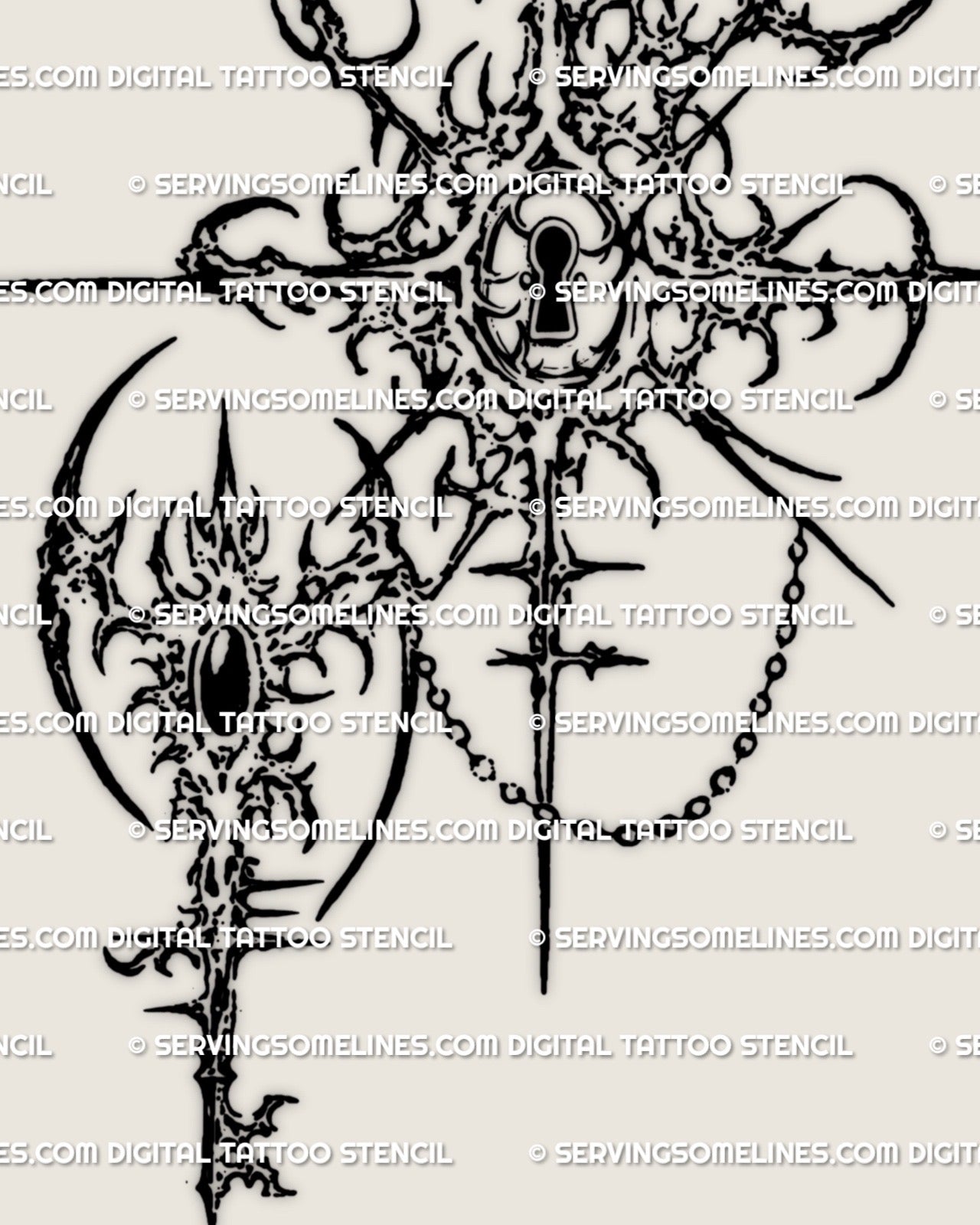 Keyhole lock symbol tattoo design, abstract cyber sigil geometry with cross axis lines and chain detail, high contrast