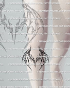Under-the-knee wing tattoo stencil placement preview, cyber-sigil bat wing design sized for knee gap, printable download files