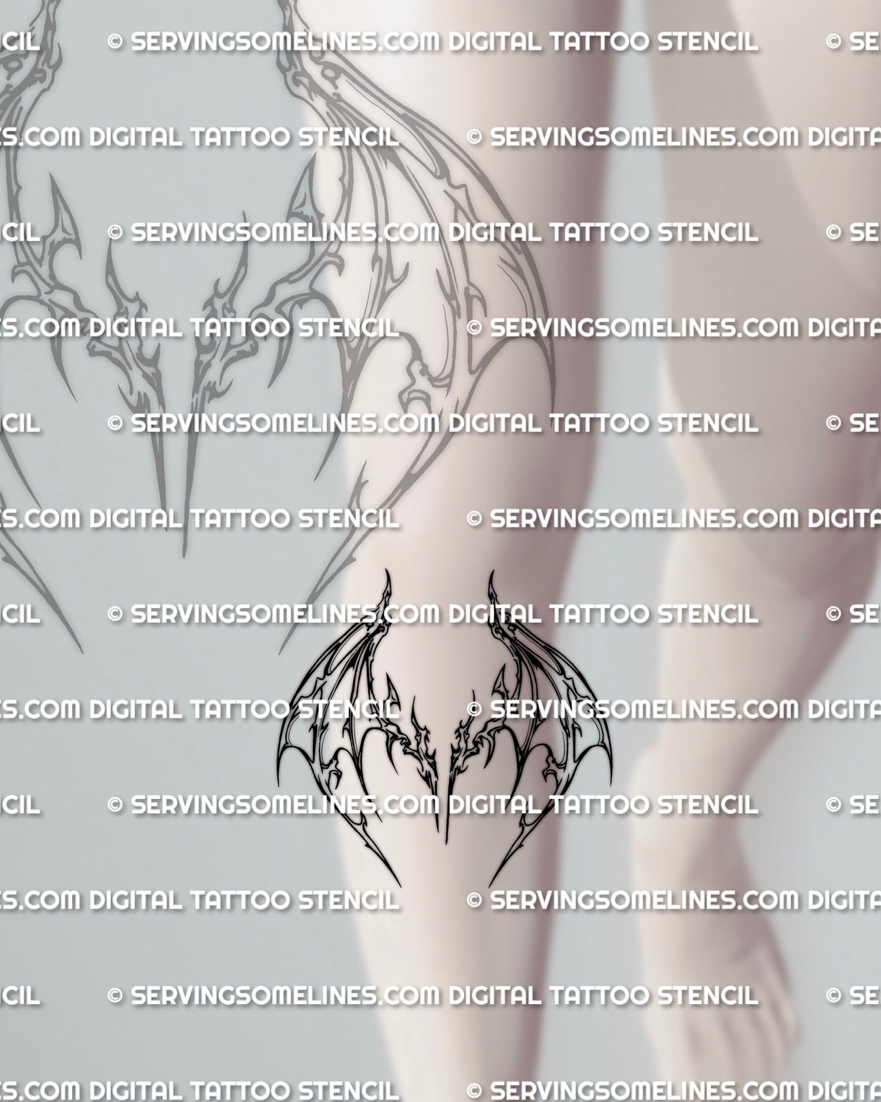 Under-the-knee wing tattoo stencil placement preview, cyber-sigil bat wing design sized for knee gap, printable download files
