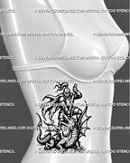 Knight and dragon rib tattoo for women with a detailed medieval warrior, torn cape and winged fantasy dragon