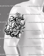Knight and dragon upper arm tattoo for men with an armored warrior and winged dragon
