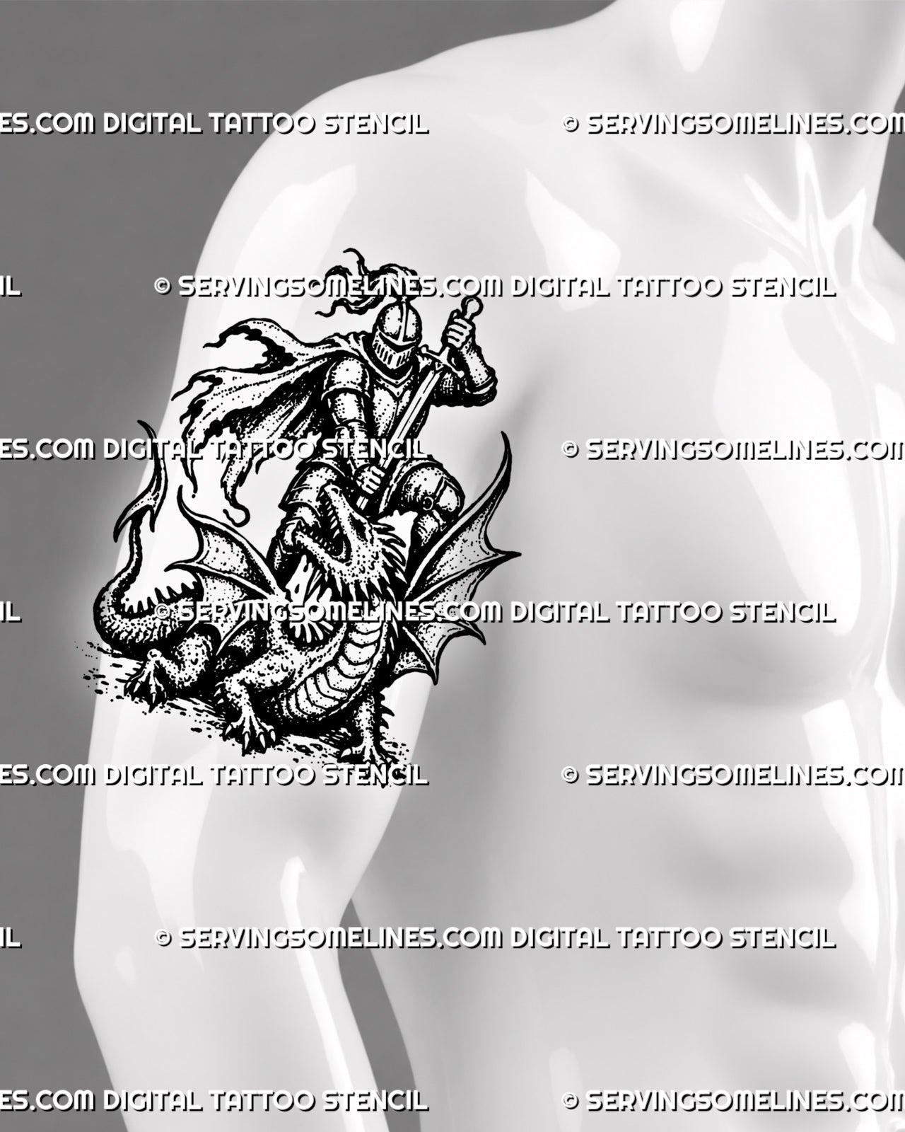 Knight and dragon upper arm tattoo for men with an armored warrior and winged dragon