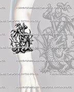 Blackwork knight fighting dragon forearm tattoo with vertical longsword, medieval armor and winged dragon battle composition