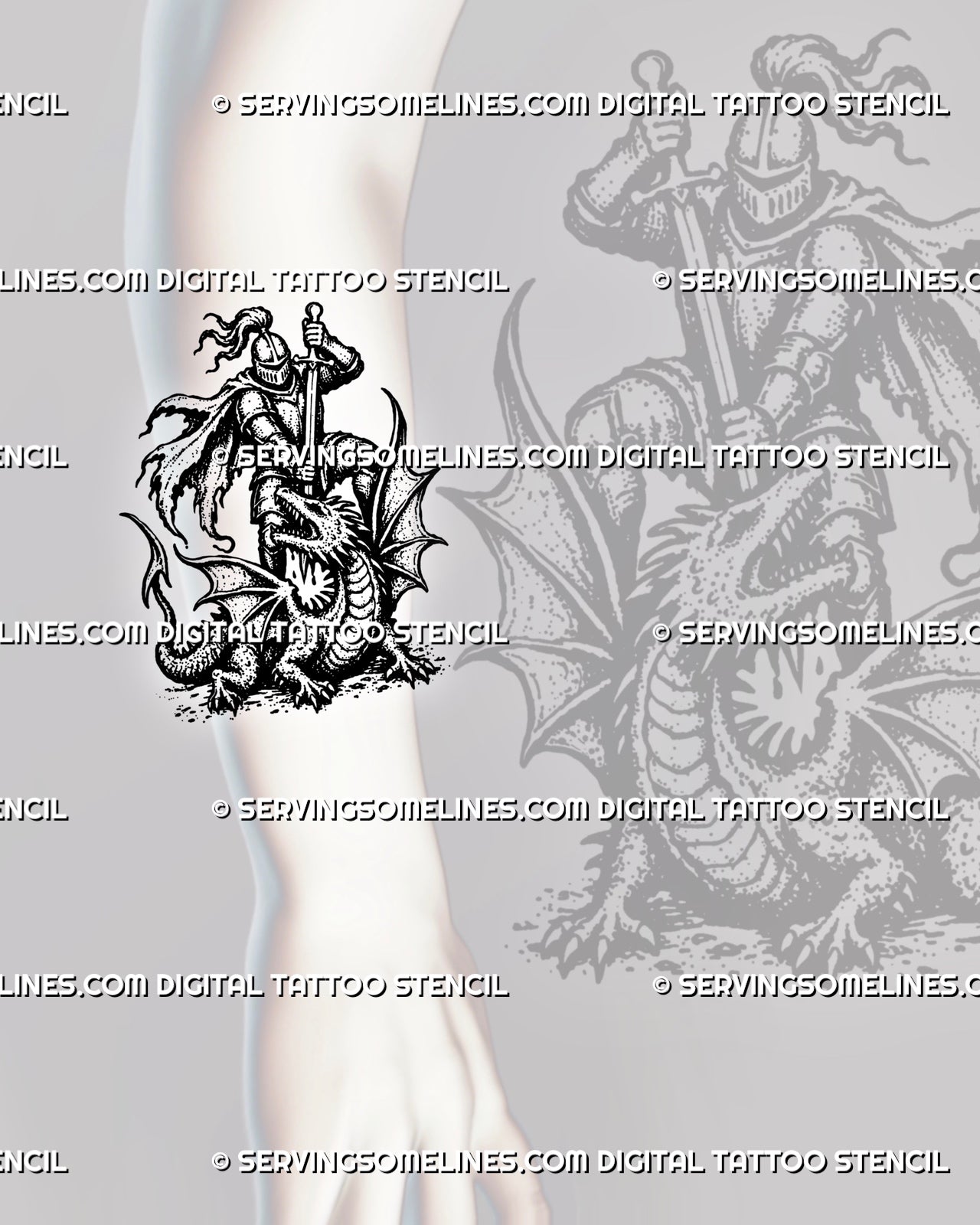 Blackwork knight fighting dragon forearm tattoo with vertical longsword, medieval armor and winged dragon battle composition