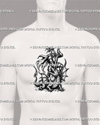 Knight slaying dragon tattoo centered on a man’s chest with armored warrior, longsword and full winged dragon