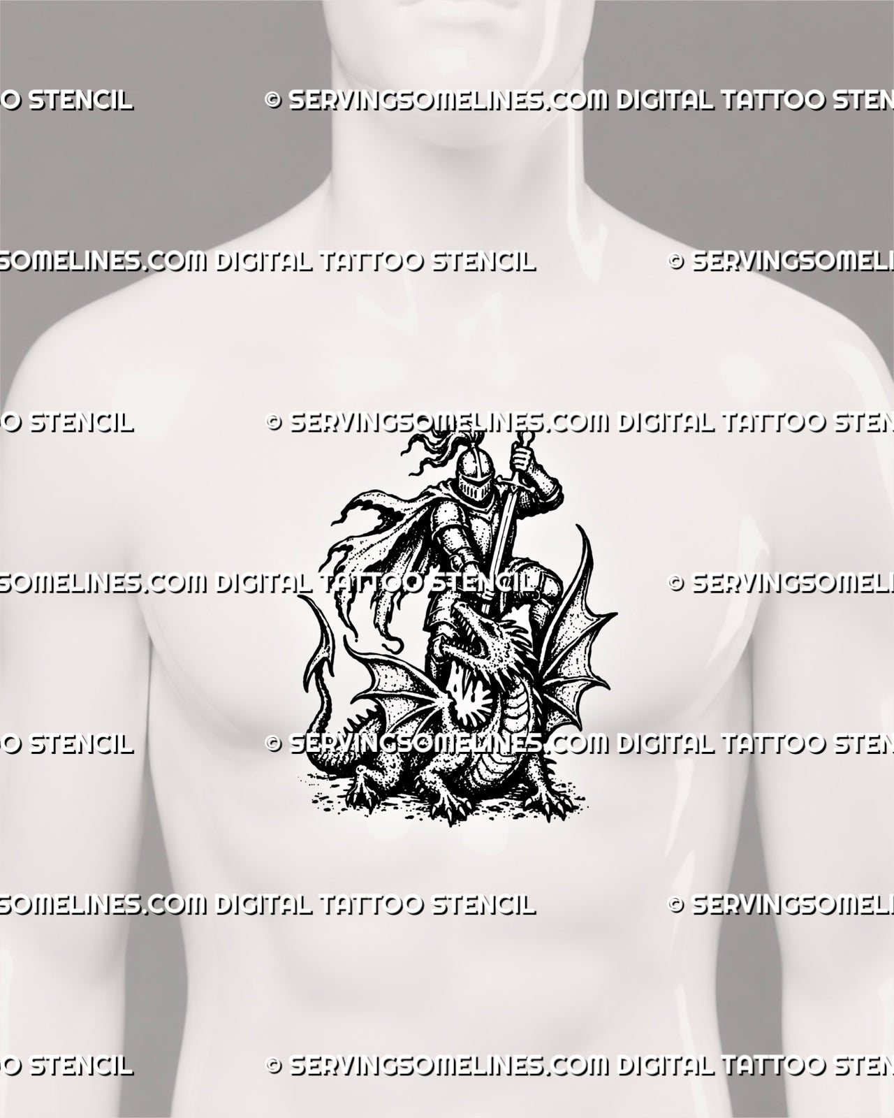 Knight slaying dragon tattoo centered on a man’s chest with armored warrior, longsword and full winged dragon