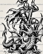 Close-up of knight slaying dragon tattoo design with visor helmet, sword, open dragon jaws, scales and stippled blackwork shading