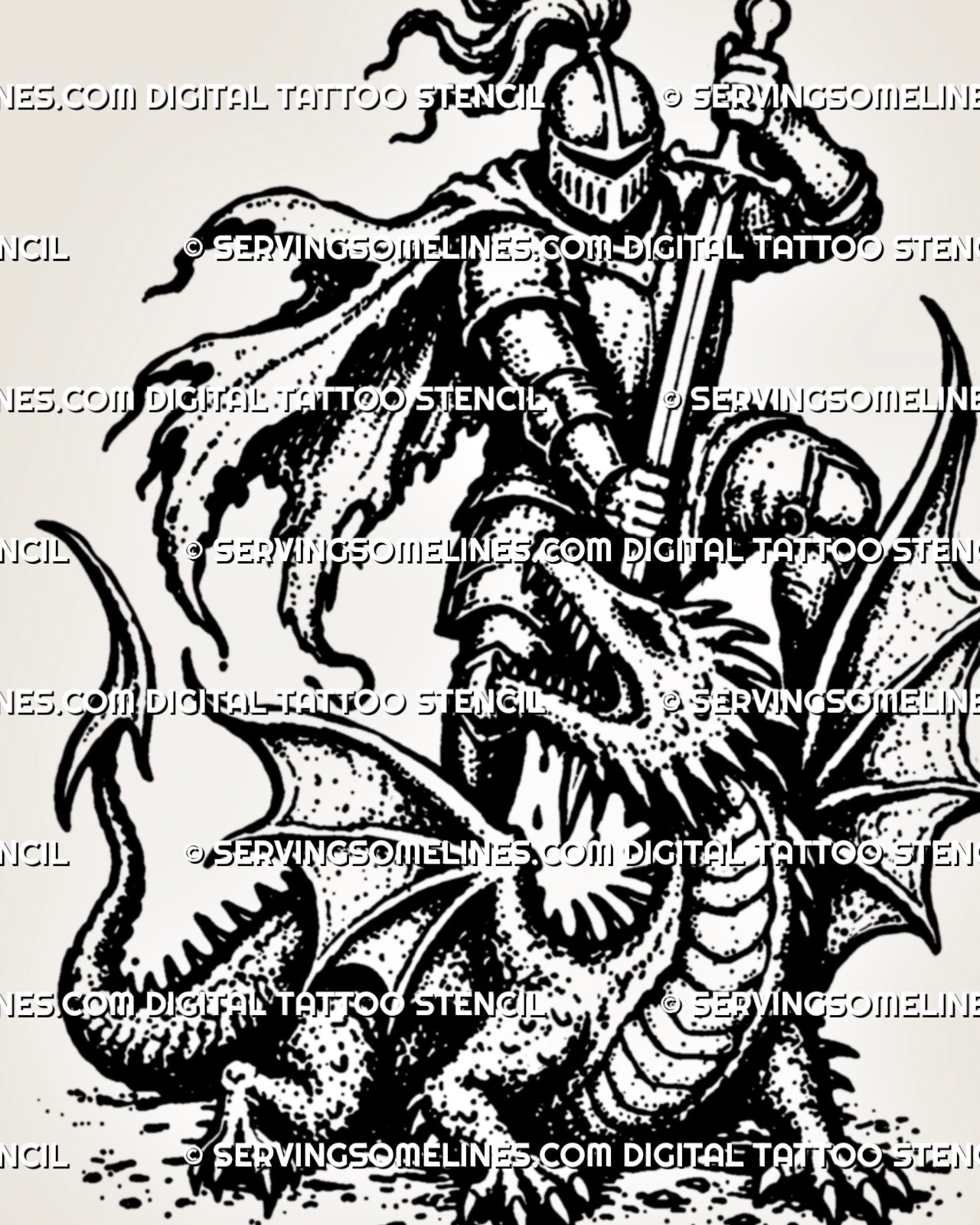Close-up of knight slaying dragon tattoo design with visor helmet, sword, open dragon jaws, scales and stippled blackwork shading