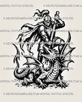 Knight slaying dragon tattoo stencil with armored medieval knight, longsword and full winged dragon